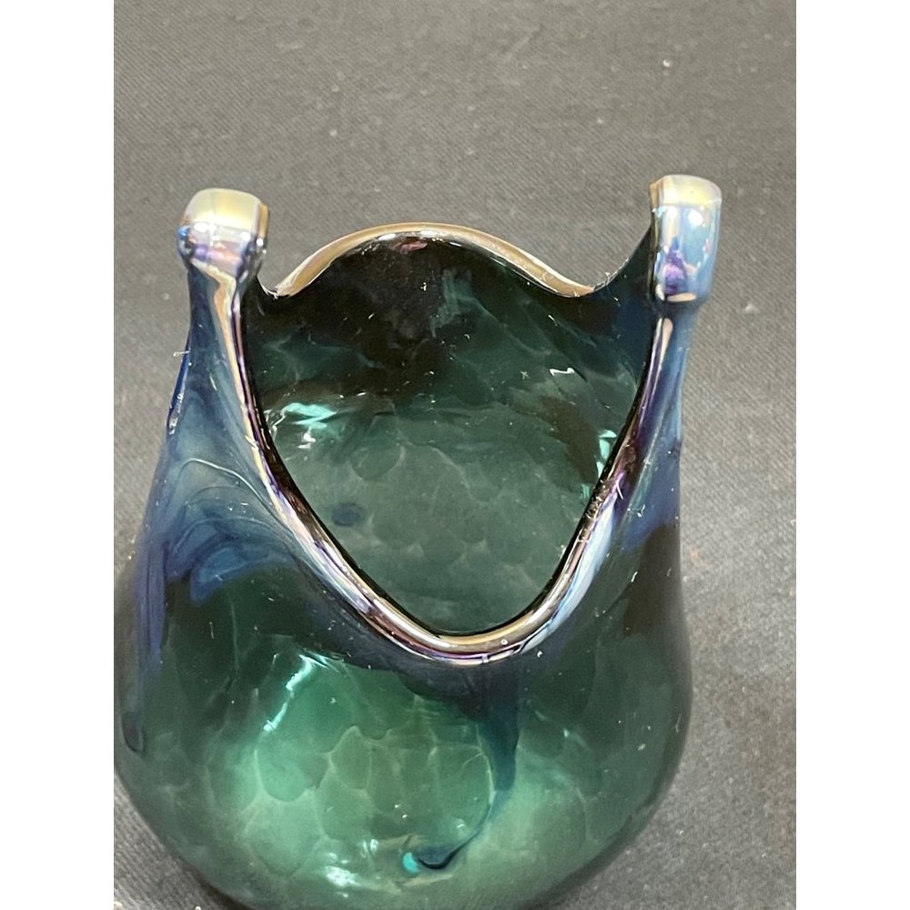 Rare Vintage Hand Blown Glass Paper Bag Vase Signed Sea Foam Blue Color - Picture 8 of 13
